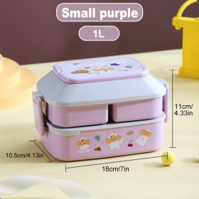 Portable Cute Lunch Box School Kids Plastic Picnic Bento Box Microwave Food Box With Spoon Fork Compartments Storage Containers (Color: small purple)