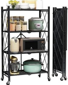 Metal Storage Shelves with Wheels Foldable Garage Shelving No Assembly Shelving Unit Collapsible Shelves for Kitchen Bathroom (Color: BLACK)