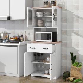 Wooden Kitchen Cabinet White Pantry Room Storage Microwave Cabinet with Framed Glass Doors and Drawer (Color: as Pic)
