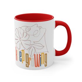 Accent Ceramic Mug 11oz - Say It Soul - Keep Growing In Pastel Colors, Spring Inspiration, Floral Line Art, Woman Line Art, (Color: Red)