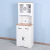Wooden Kitchen Cabinet White Pantry Room Storage Microwave Cabinet with Framed Glass Doors and Drawer